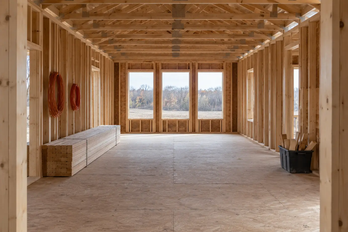 Clean, organized framing stage on a custom home jobsite in Ohio