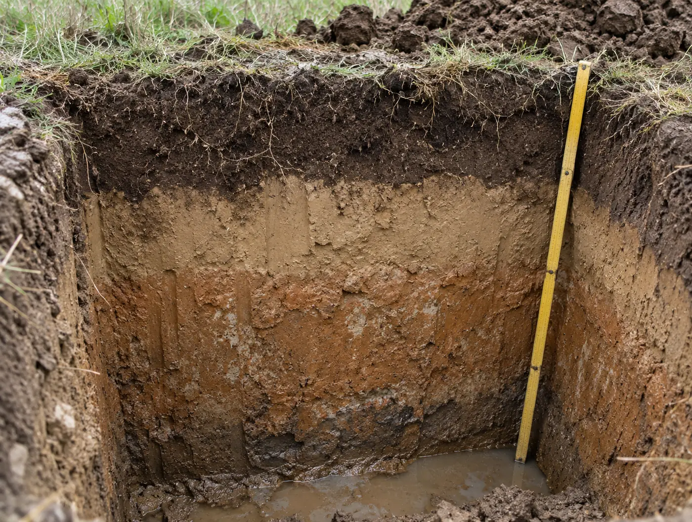 Soil evaluation pit showing loess over dense clay till on a Southwest Ohio building lot