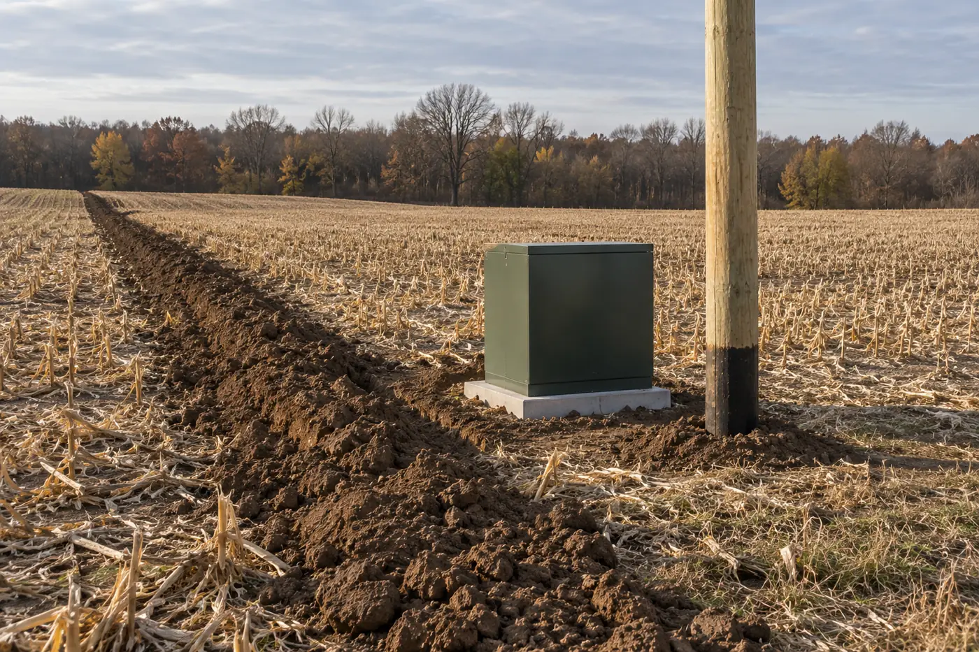 New utility pole, pad transformer, and service trench at a rural homesite in Southwest Ohio