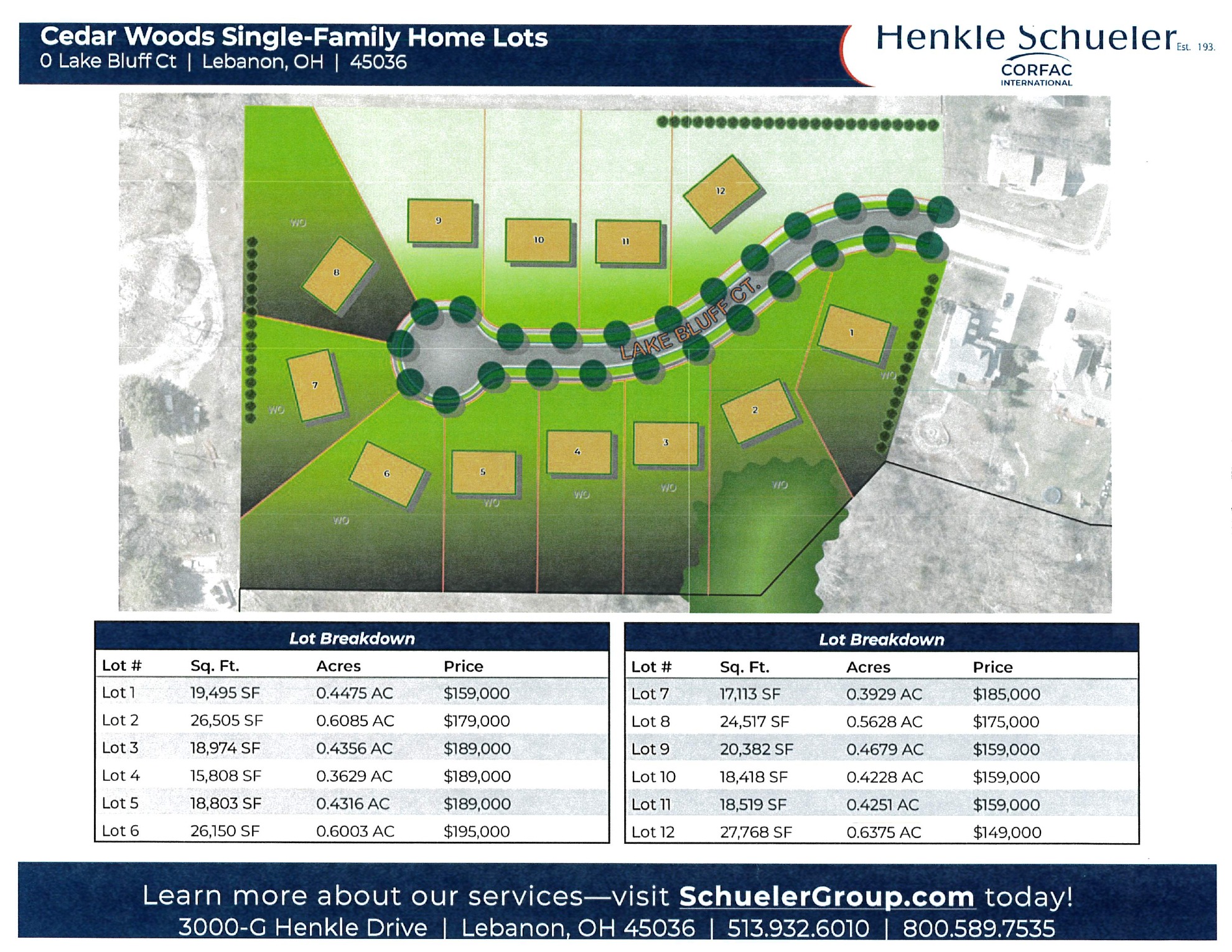 Cedar Woods community lot map — 12 single-family lots on Lake Bluff Court, Lebanon OH 45036